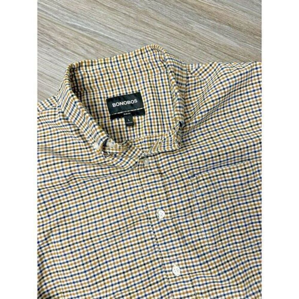 Bonobos Mens Button Down Shirt‎ Size Large Blue Brown Plaid Slim Fit Long Sleeve